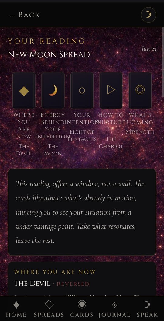 A revealed New Moon reading in Liminal Veil — five cards drawn with the AI opening reflection: 'This reading offers a window, not a wall.'
