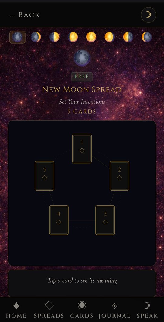 New Moon Spread layout in the Liminal Veil app — 5 cards arranged in a circle with moon-phase strip across the top